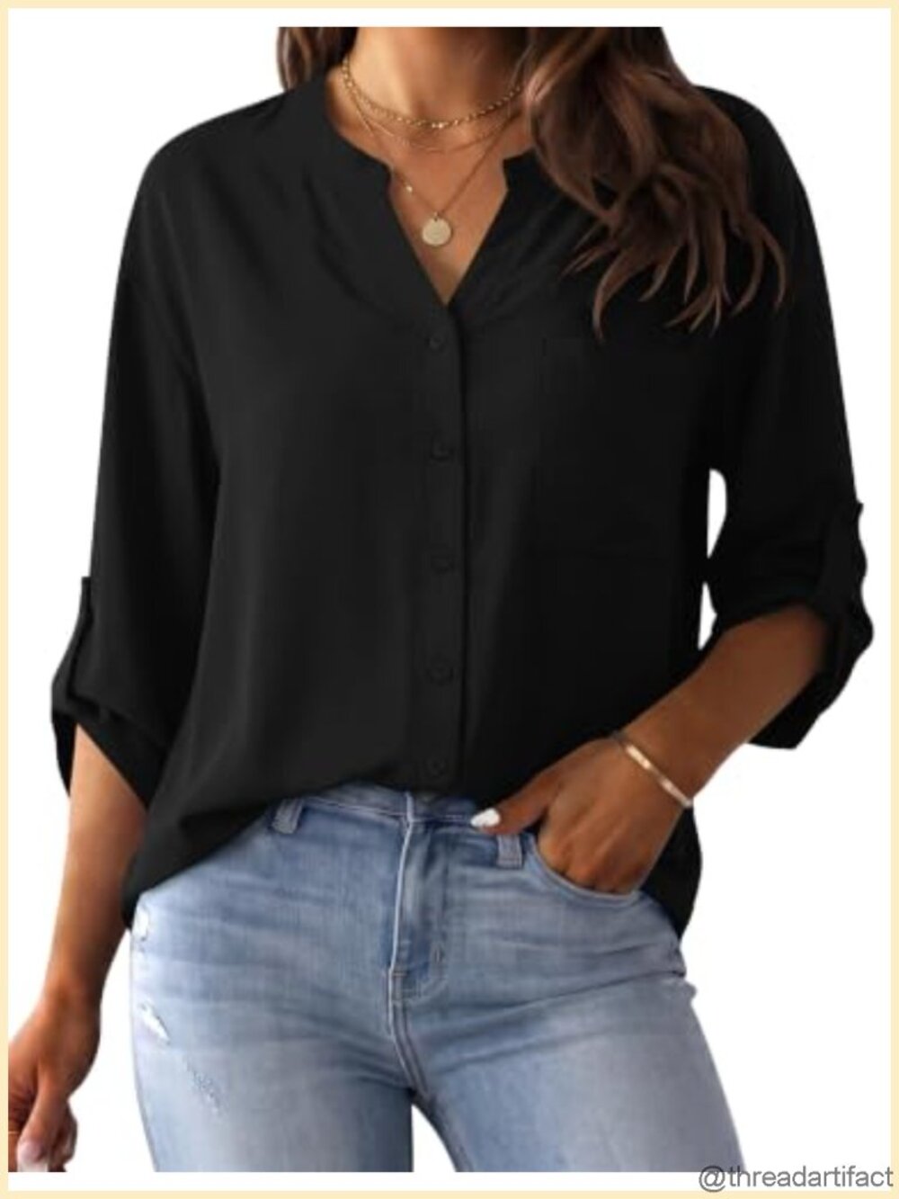 LOMON Button Down Shirt 3/4 Sleeve V-Neck Casual Work Blouse with Pocket